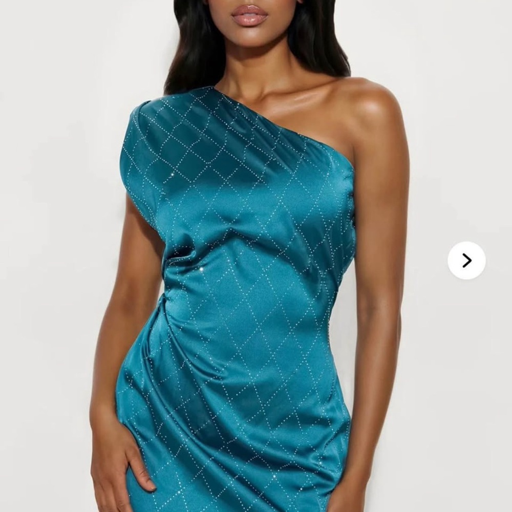 Fashion Nova Teal One-Shoulder Satin Dress with Crystal Grid